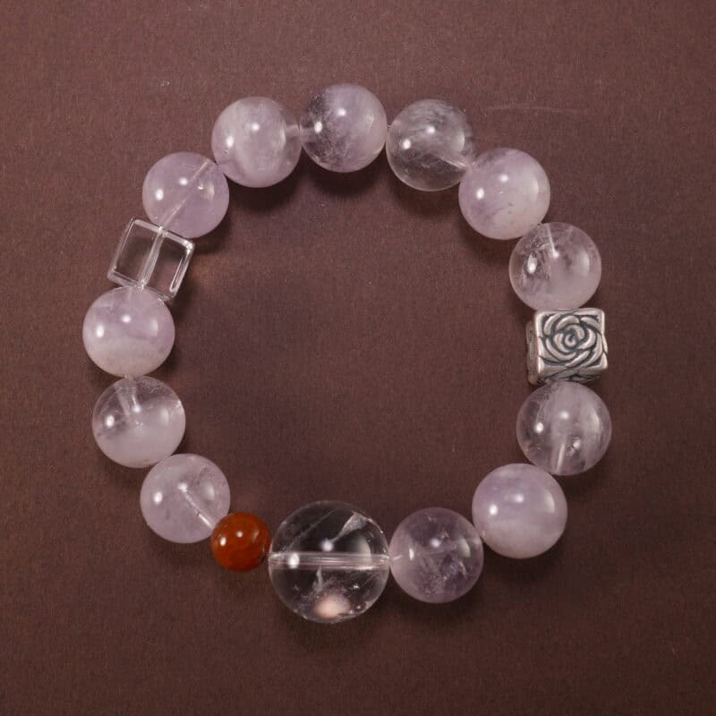 Lavender amethyst and clear quartz gemstone bracelet arranged in a circle