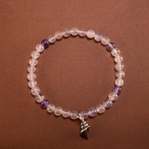 A 4mm Amethyst beaded bracelet with S925 charm arranged neatly on a minimal light background