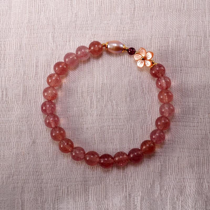 Strawberry Quartz and Pearl Bracelet with Floral Charm – Romantic Gemstone Jewelry