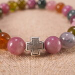 Close-up of Multicolor Tourmaline Beads and Sterling Silver Cross Charm