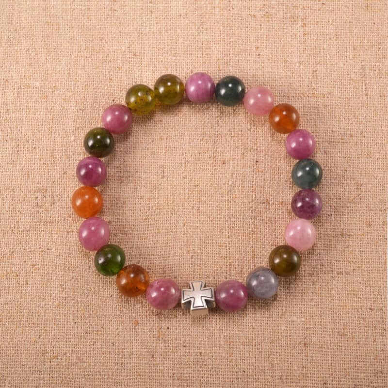 Tourmaline Cross Charm Bracelet – Handmade Protective Gemstone Jewelry