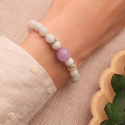 Kunzite & Chalcedony bracelet worn on wrist – light, calming and feminine look
