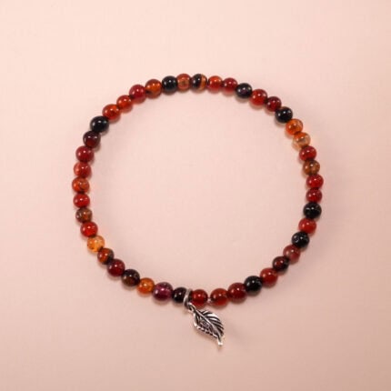 Handmade Red & Black Agate Bracelet with Leaf Charm – 4mm Beads
