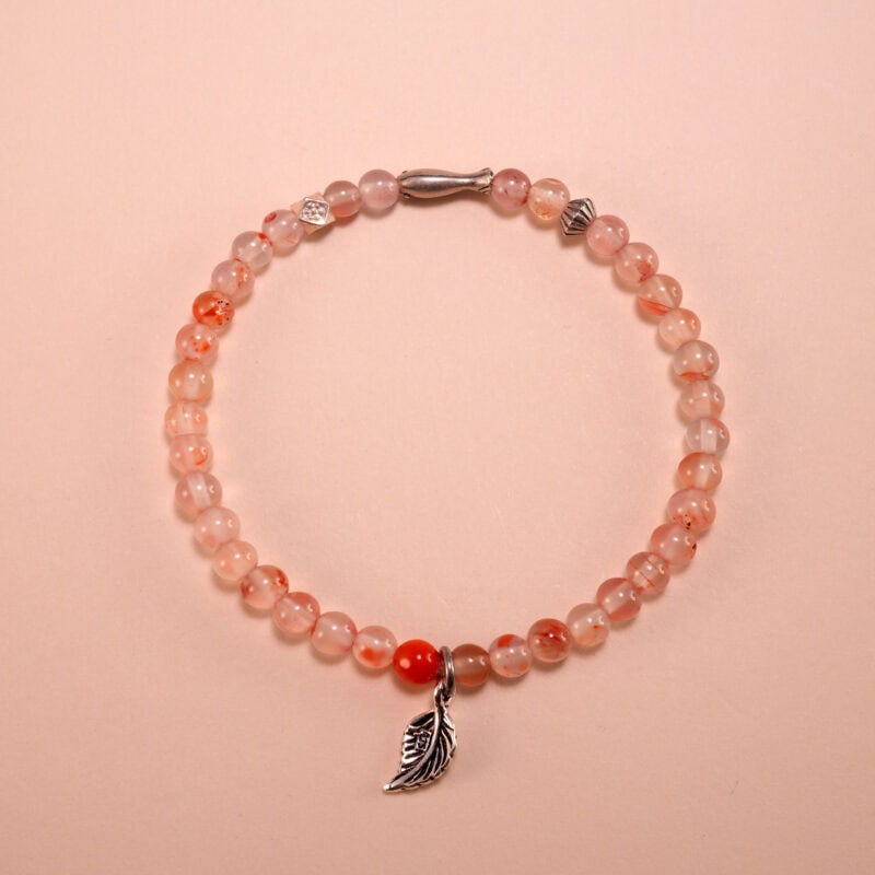 Handmade 4mm Red & White Chalcedony Bracelet with Sterling Silver Leaf Charm