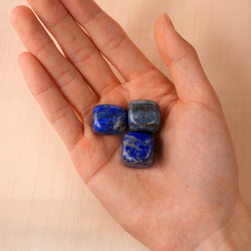 Hand Holding a Natural Lapis Lazuli Tumbled Stone – Deep Blue Crystal