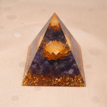 Clear quartz and amethyst resin pyramid for spiritual healing and energy cleansing