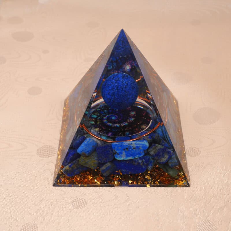 Handmade Lapis Lazuli resin pyramid with gold foil, spiritual energy crystal for healing and home decor