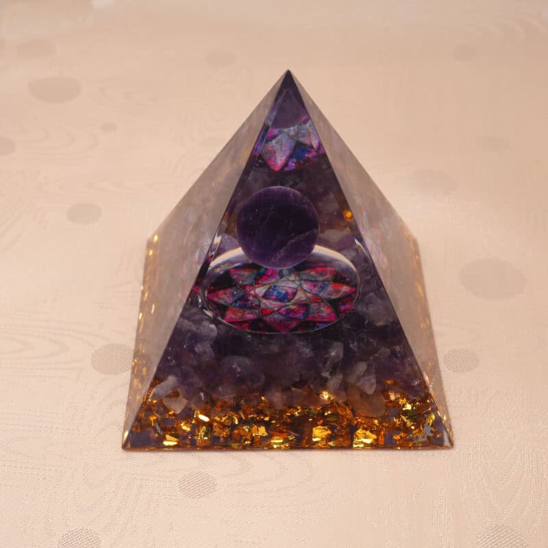 Purple lotus resin pyramid with amethyst and clear quartz for spiritual healing