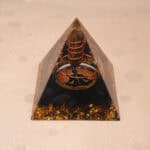 Handmade Tiger Eye and Obsidian resin pyramid with natural stone chips for protective and grounding energy
