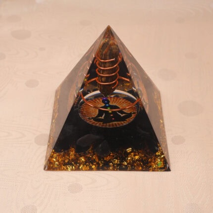 Handmade Tiger Eye and Obsidian resin pyramid with natural stone chips for protective and grounding energy