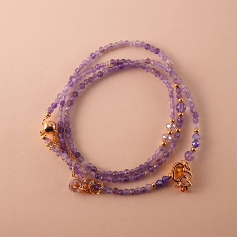 Handmade 3-wrap bracelet made of natural Amethyst beads, can be worn as a layered necklace.