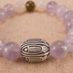 Close-up of lavender amethyst and white chalcedony bracelet with S925 silver.