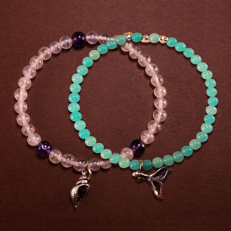 Main image of stacked amazonite, amethyst and chalcedony bracelets.
