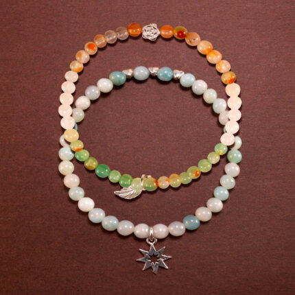 Main image of stacked amazonite and multicolor chalcedony bracelets.