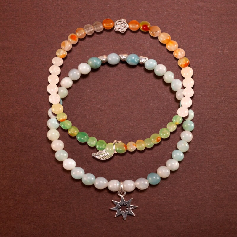 Main image of stacked amazonite and multicolor chalcedony bracelets.