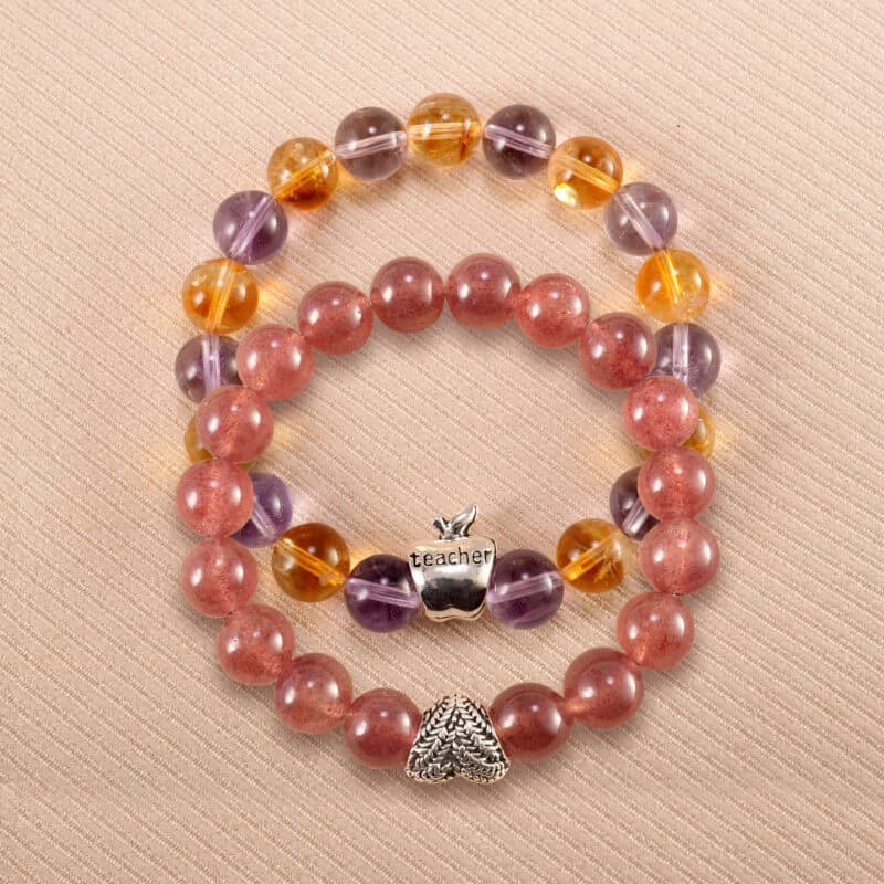 Main image of stacked ametrine and strawberry quartz bracelets with S925 silver.