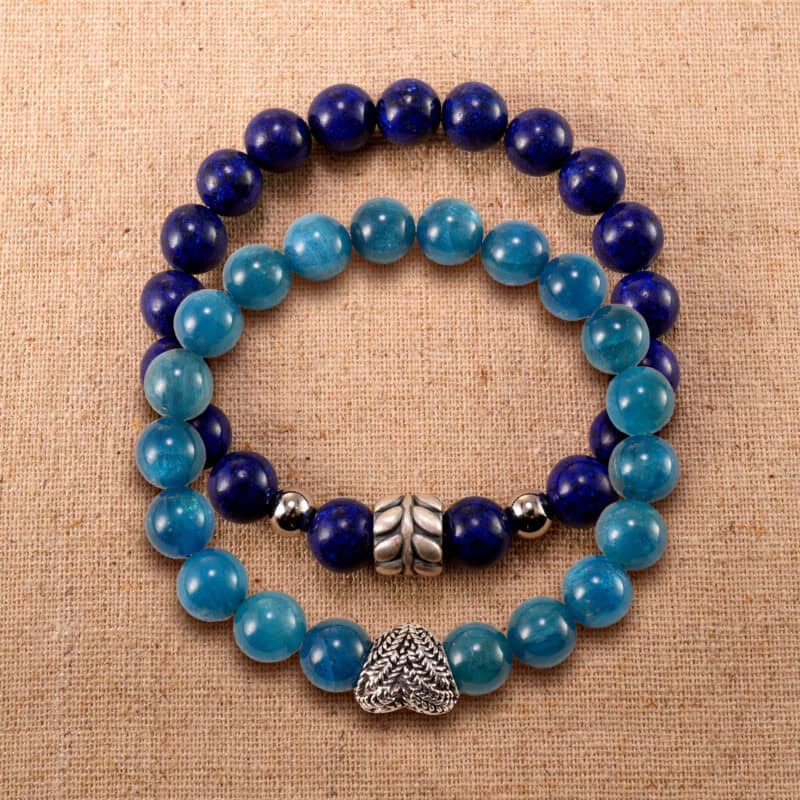 Main image of stacked blue apatite and lapis lazuli bracelets with S925 silver.