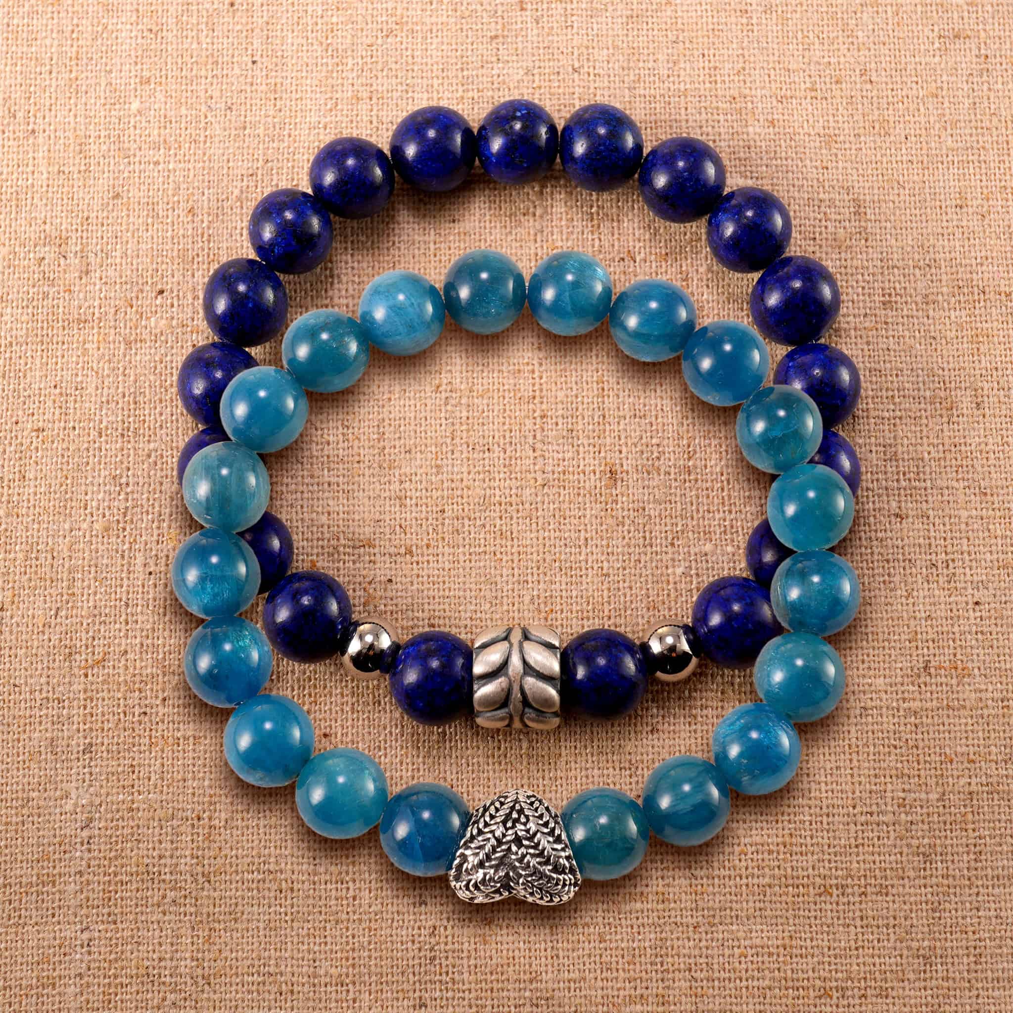 Main image of stacked blue apatite and lapis lazuli bracelets with S925 silver.