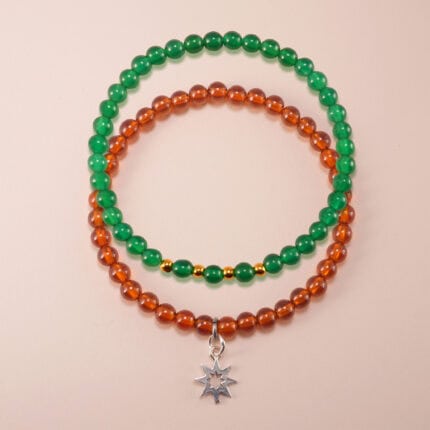 Main image of stacked garnet and green chalcedony bracelets.