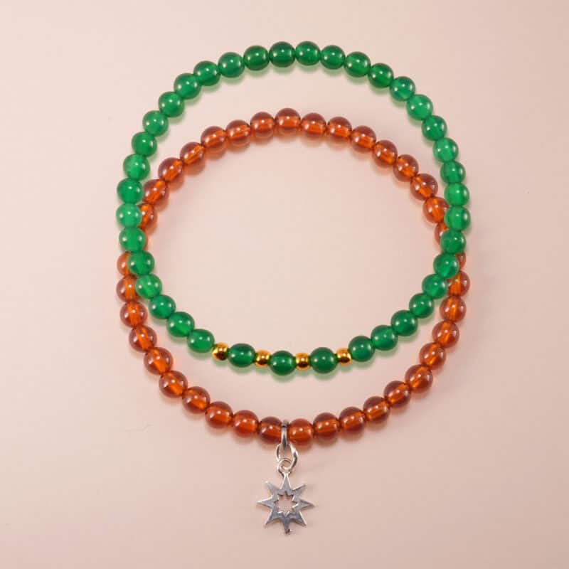 Main image of stacked garnet and green chalcedony bracelets.