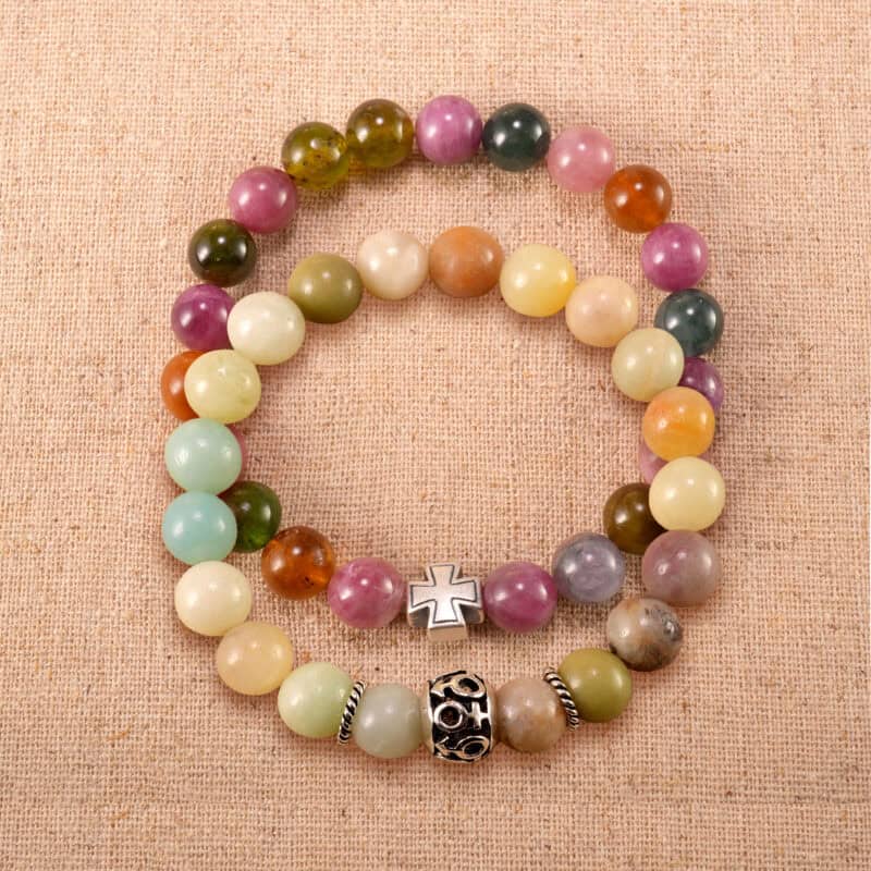 Main image of stacked bracelets: multicolor amazonite and tourmaline with S925 silver.