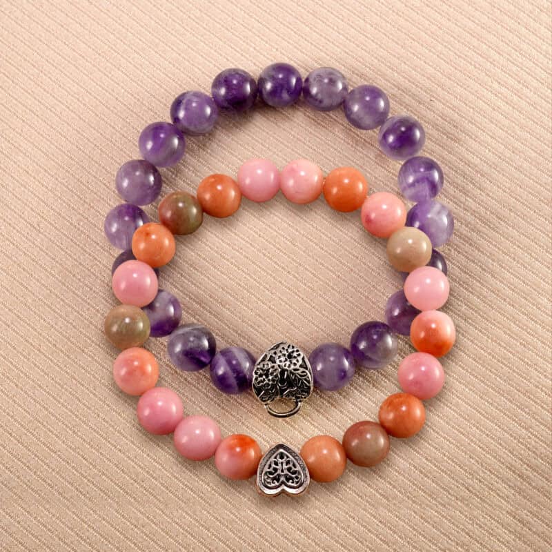 Main image of stacked bracelets: pink Yanyuan agate and amethyst with S925 silver.