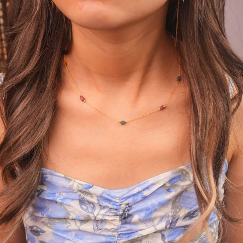Model wearing tourmaline delicate necklace
