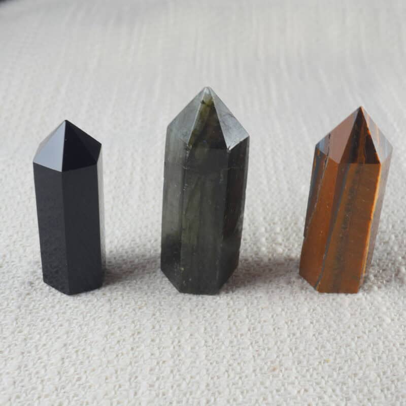Crystal tower set of obsidian, tiger eye, and labradorite gemstone points for protection, prosperity, and intuition