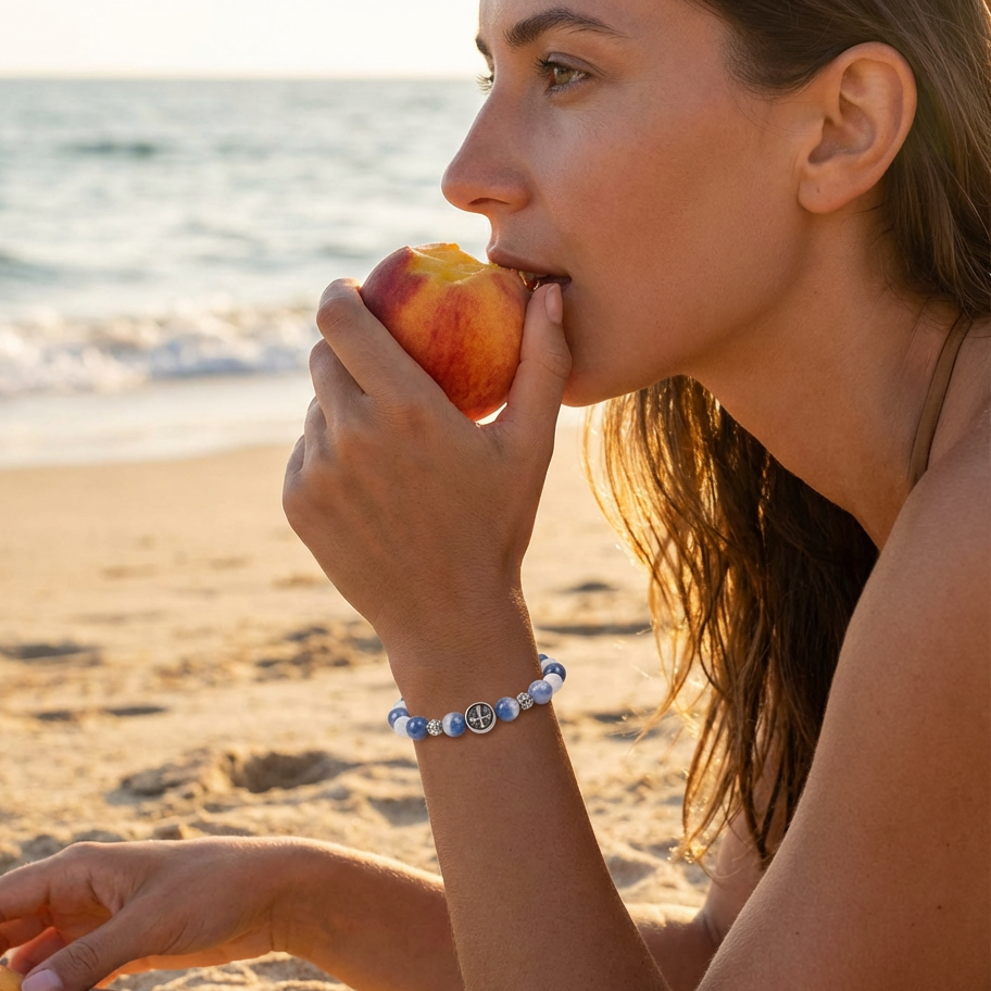 A woman wearing a crystal bracelet while sitting on the beach and eating fruit, capturing a relaxed seaside lifestyle.