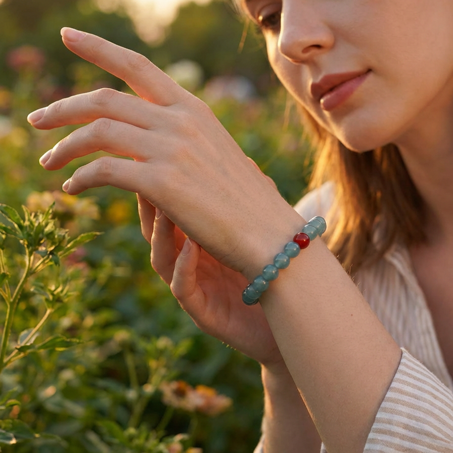 A woman wearing a crystal bracelet outdoors with a soft hand gesture, capturing a calm and natural lifestyle moment.