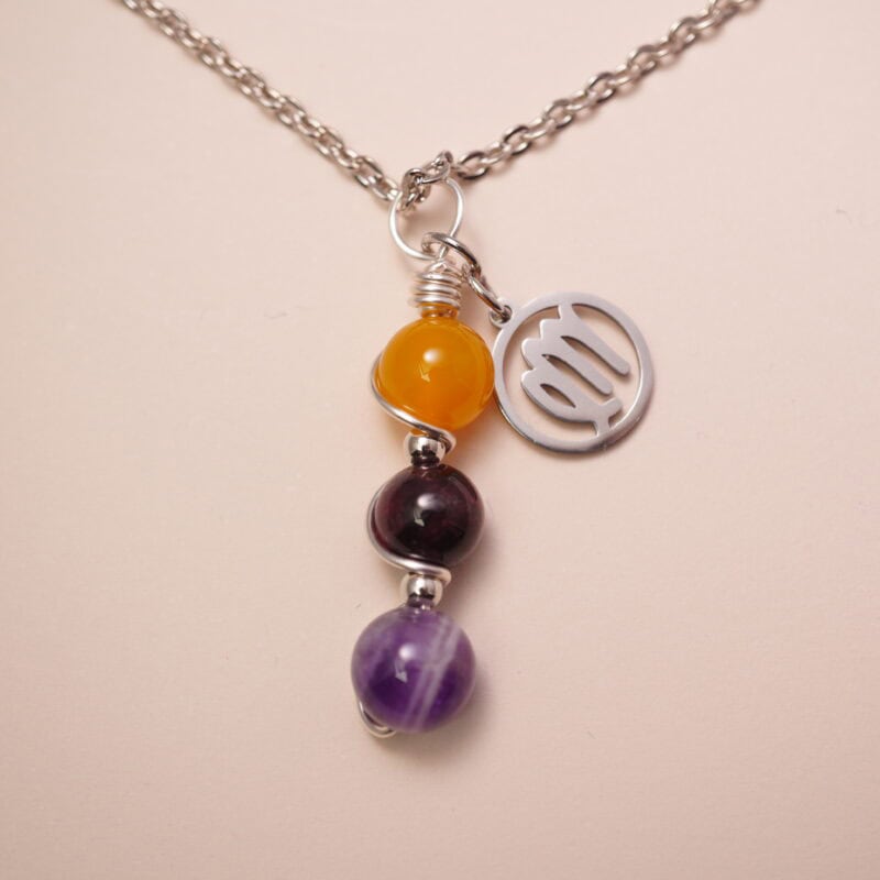 Virgo zodiac necklace with yellow agate, garnet, and amethyst gemstones.