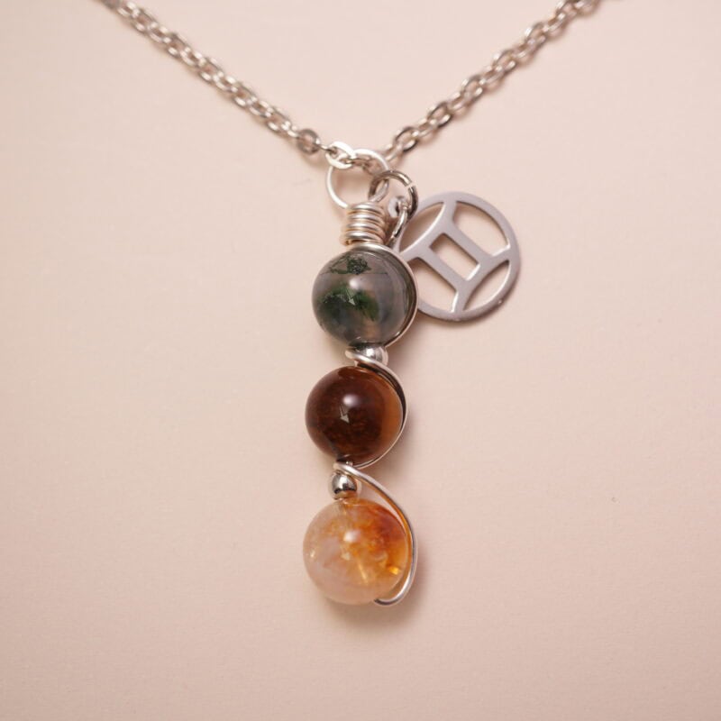 Gemini zodiac necklace with moss agate, tiger eye, and citrine gemstones.