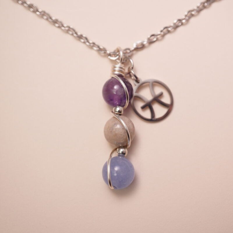 Pisces zodiac necklace with amethyst, crazy agate, and aquamarine gemstones.