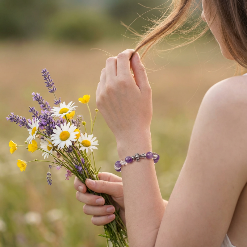 A woman wearing a crystal bracelet while holding wildflowers outdoors, conveying a calm and natural lifestyle.
