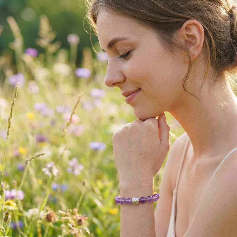 A woman wearing a crystal bracelet while standing among wildflowers, expressing a calm and mindful lifestyle.