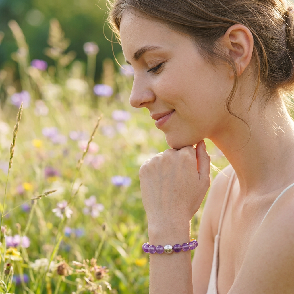 A woman wearing a crystal bracelet while standing among wildflowers, expressing a calm and mindful lifestyle.