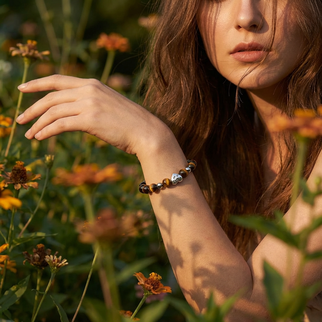 A woman wearing a crystal bracelet among wildflowers, with a relaxed hand gesture reflecting a natural and mindful lifestyle.