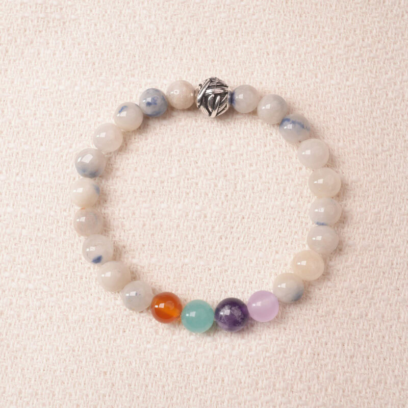 Jade energy bracelet featuring smooth natural jade beads with subtle colorful accents for harmony and balance.