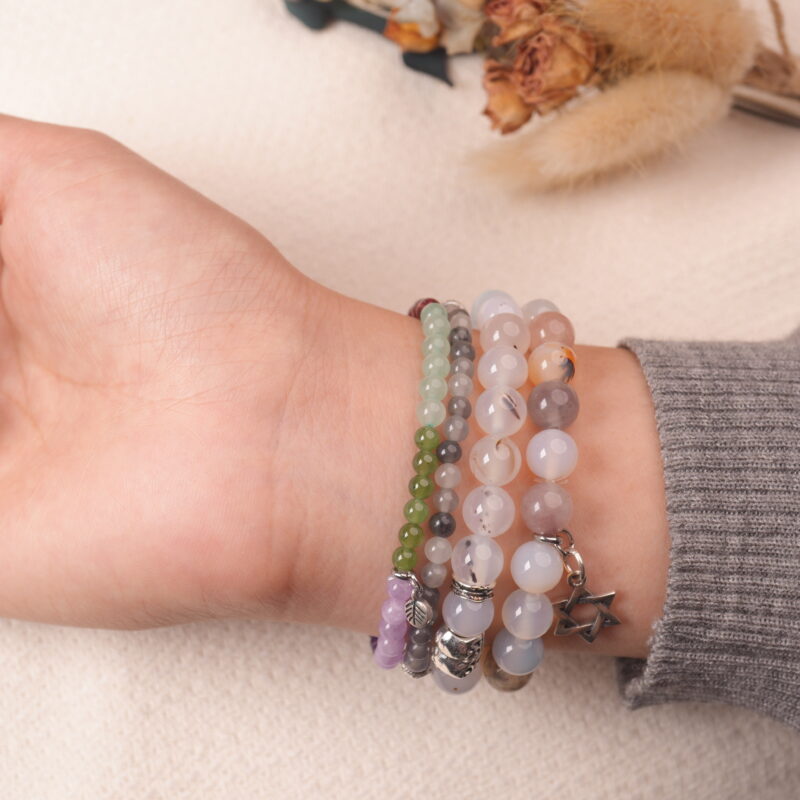 Back view of Calm intention bracelet set with soothing gemstone colors symbolizing tranquility and mindfulness.