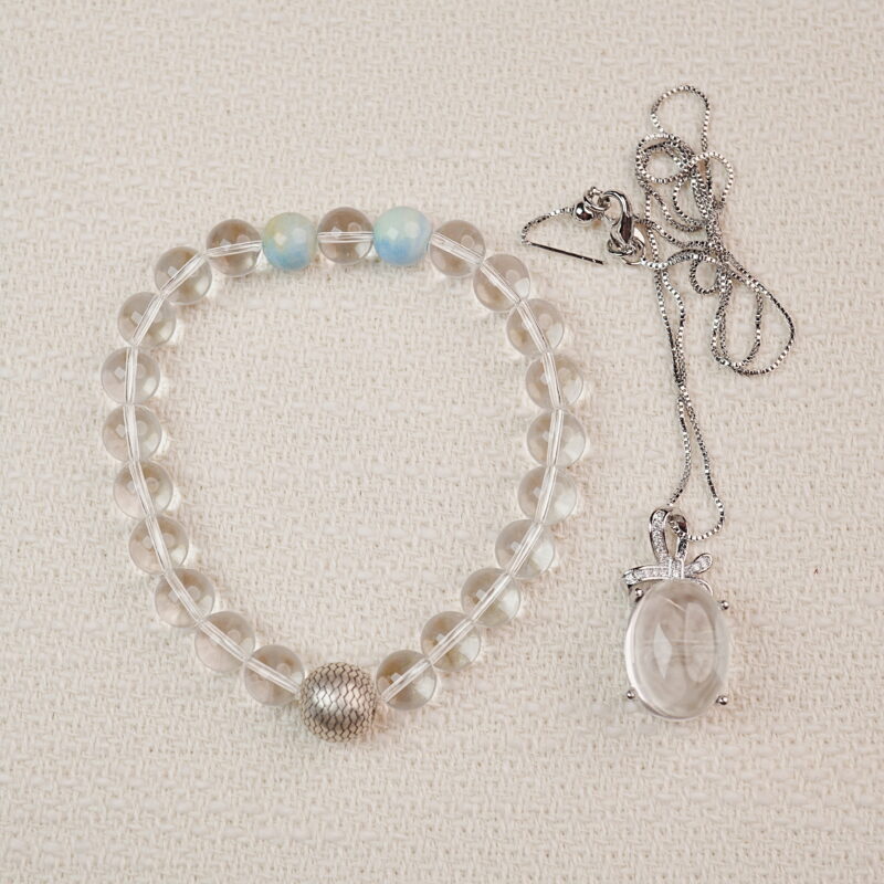 White Crystal & Blue Chalcedony Bracelet and Pendant Set – Healing Crystal Jewelry – Main Image