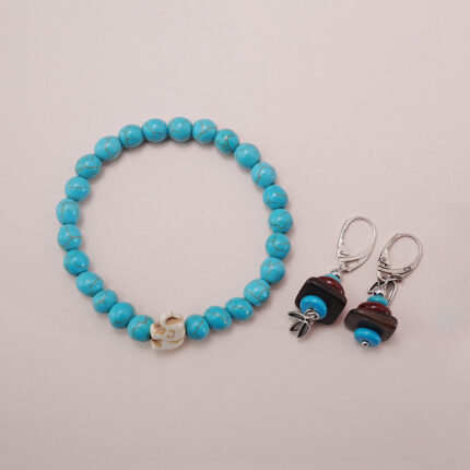 Turquoise Bracelet with Red Agate and Tiger's Eye Earrings Set - Main Image