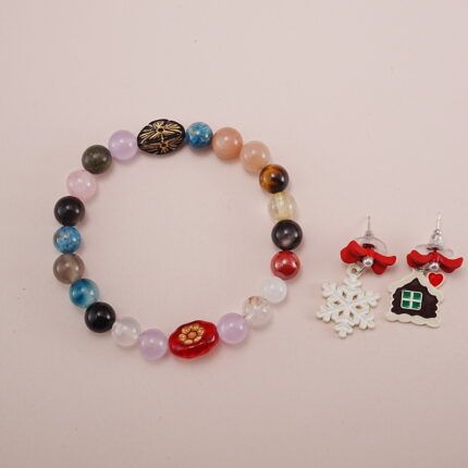 Multi-Gemstone Bracelet with Christmas Snowflake and Red Bow Earrings Set - Main Image