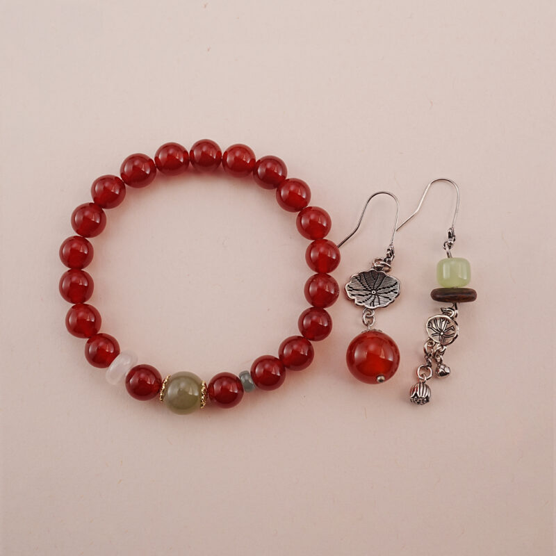 Carnelian and Green Chalcedony Bracelet with Silver Earrings Set - Main Image