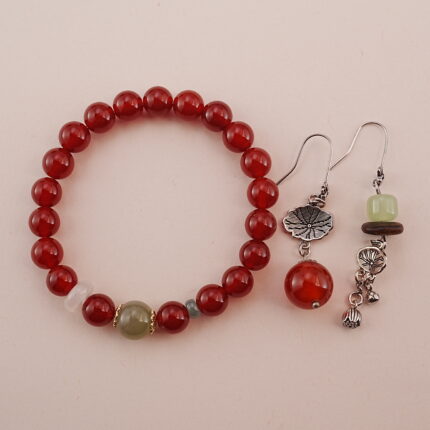 Carnelian and Green Chalcedony Bracelet with Silver Earrings Set - Main Image