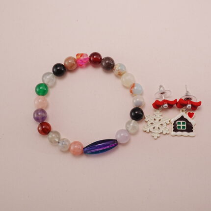 Multi-Gemstone Bracelet with Snowflake Bow Earrings Set - Main Image