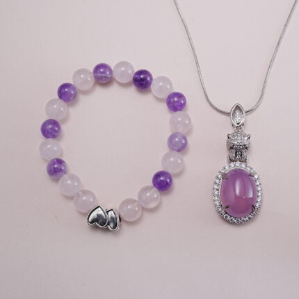 Amethyst and Rose Quartz Heart Silver Bracelet with Amethyst Pendant Set - Main Image