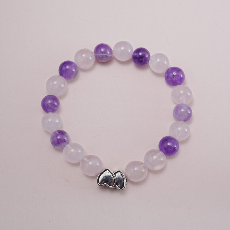 Amethyst and rose quartz bracelet with silver heart charm – main product image