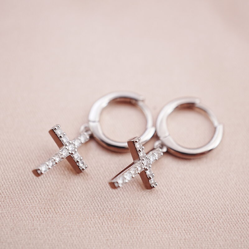 S925 sterling silver hoop earrings with moissanite cross charm – main product image