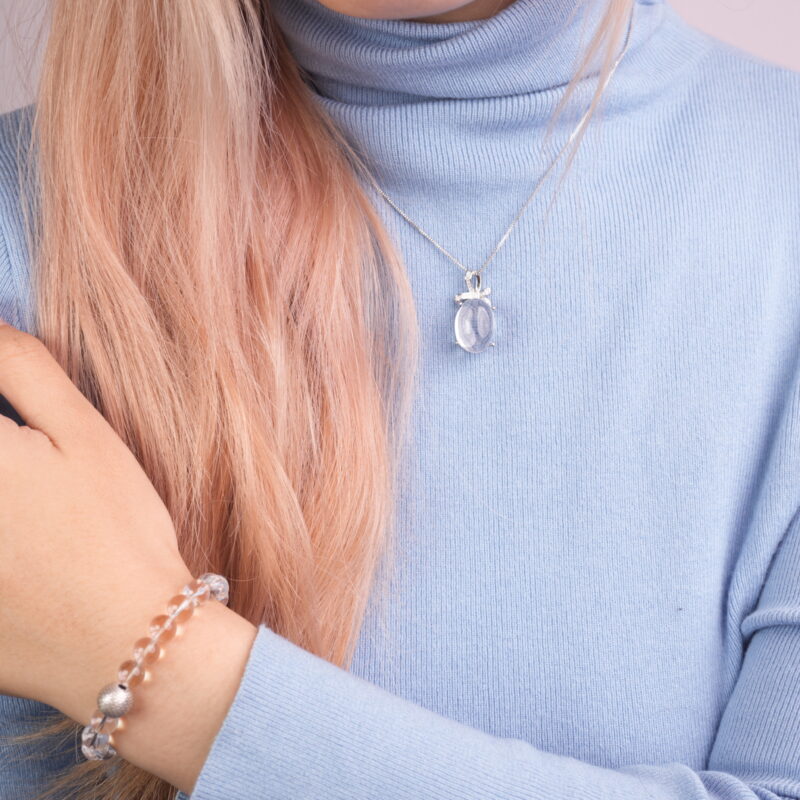 Model Wearing White Crystal & Blue Chalcedony Bracelet and Pendant Set – Healing Crystals Jewelry