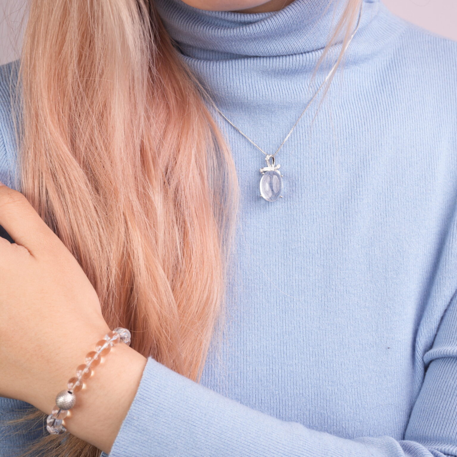 Model Wearing White Crystal & Blue Chalcedony Bracelet and Pendant Set – Healing Crystals Jewelry